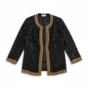 Stenay Vintage Black Silk Beaded Sequin Evening Jacket, Gold Trim, Woman's Small